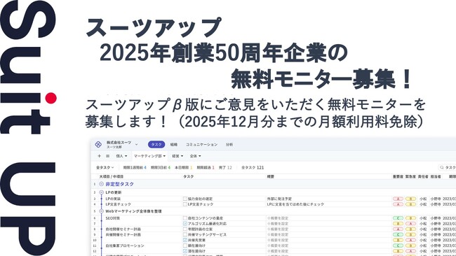 チームのタスク管理・プロジェクト管理ツール「スーツアップ」、2025年創業50周年企業の無料モニター募集