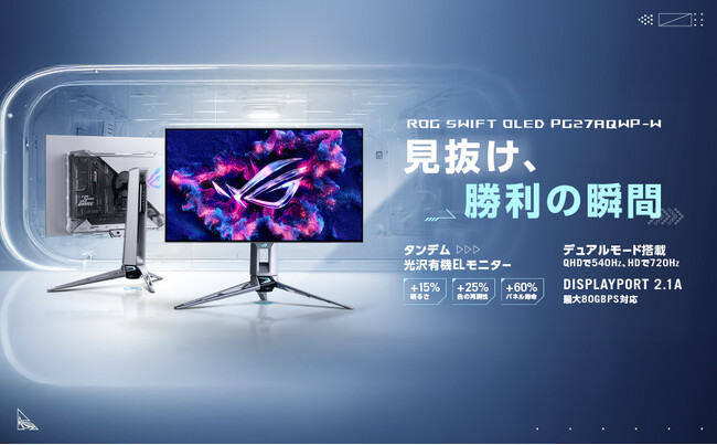 次世代タンデムOLED技術搭載「ROG Swift OLED PG27AQWP‑W」、ROG史上最速のQHD 540Hz／HD 720Hz切替の超高速OLEDモニター、2025年11月29日発売