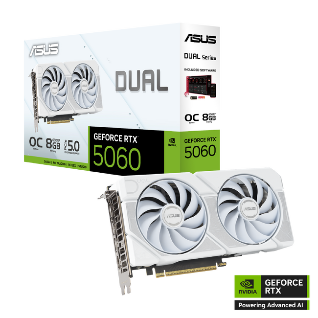 ASUS、デュアルファン、ホワイトモデルのビデオカード2モデル「DUAL-RTX5060TI-O8G-WHITE」および「DUAL-RTX5060-O8G-WHITE」を発表