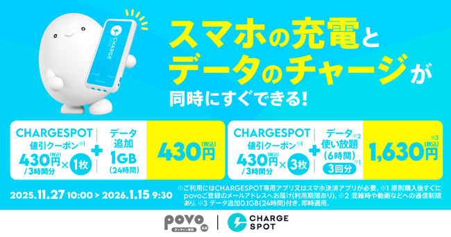 povo2.0の専用コラボトッピングプラン購入で「CHARGESPOT」の割引クーポンがもらえるキャンペーンを11月27日より開始