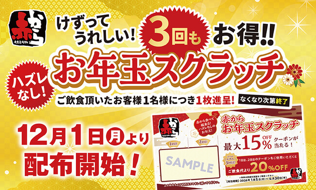 飲食代が最大20％OFF！割引が3回も受けられる【赤から】の「お年玉スクラッチ」を12月1日（月）より配布開始！
