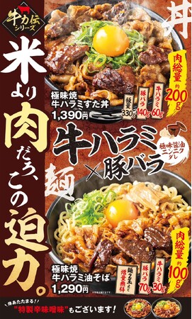 冬イベントに向けたすたみな新商品！希少部位「牛ハラミ」を豪快に食らえる焼肉丼＆油そば！12/1(月)～全国の伝説のすた丼屋で『極味焼 牛ハラミすた丼』と『極味焼 牛ハラミ油そば』を発売！