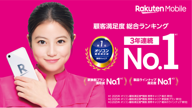 楽天モバイル、「2025年 オリコン顧客満足度(R)調査『携帯キャリア』ランキング」で3年連続総合1位を受賞