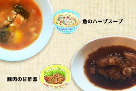 東ティモールの伝統料理を再現したレトルト2品「アグアサール イカン(魚のハーブスープ)」(左)と「ミダール シーン ナアン ファヒ(豚肉の甘酸煮)」(右)