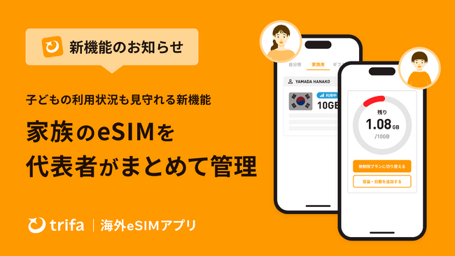 海外eSIMアプリ「トリファ」、家族の利用状況を見守れる「家族アカウント管理機能」を提供開始