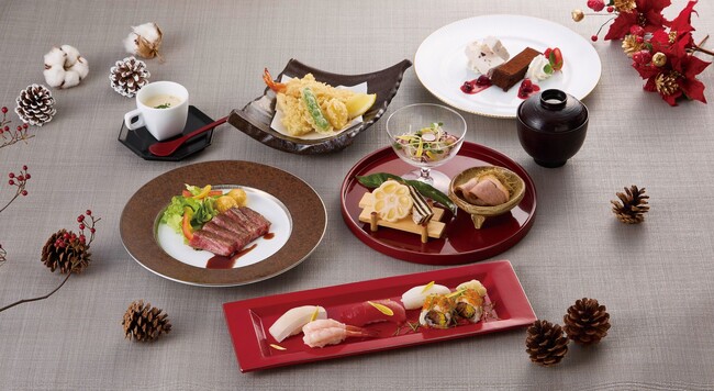 【明治記念館】“レストラン羽衣【Christmas2025】「クリスマスランチ」提供開始” 　羽衣自慢の鮨・天麩羅・鉄板焼にガトーショコラとアイスチーズケーキの華やかなデザートなどを添えて