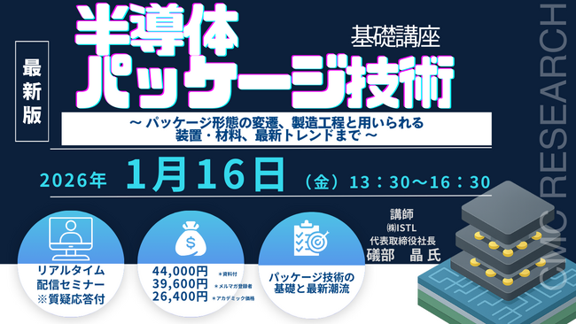 【ライブ配信/ZOOM】「半導体パッケージ技術の基礎講座～ パッケージ形態の変遷、製造工程と用いられる装置・材料、最新トレンドまで ～」セミナー開催！1月16日（金）主催：(株)シーエムシー・リサーチ