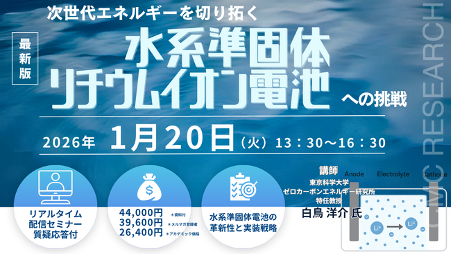 【ライブ配信/ZOOM】「次世代エネルギーを切り拓く ― 水系準固体リチウムイオン電池への挑戦 ―」セミナー開催！1月20日（火）主催：(株)シーエムシー・リサーチ
