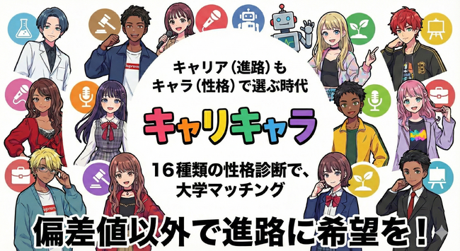 【MBTI好きの高校生必見】性格タイプで「運命の大学」がわかる診断アプリ『キャリキャラ』リリース！偏差値重視の進路指導に学生起業家が挑む