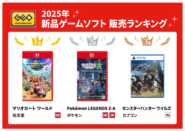 ゲオ2025年 新品・中古ゲームソフト販売ランキング　新品ソフト1位はNintendo Switch(TM) 2『マリオカート ワールド』