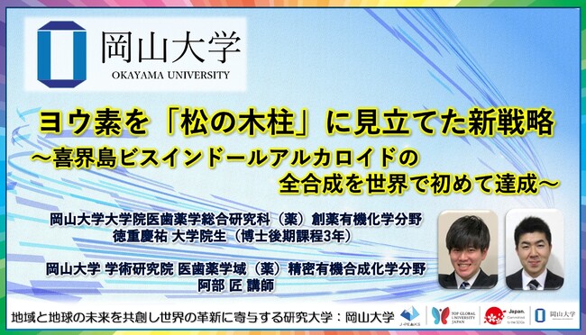 【岡山大学】ヨウ素を「松の木柱」に見立てた新戦略～喜界島ビスインドールアルカロイドの全合成を世界で初めて達成～