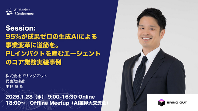 【登壇情報】ブリングアウト 中野氏による「95%が成果ゼロの生成AIによる事業変革に道筋を。PLインパクトを産むエージェントのコア業務実装事例」｜1.28｜AI Market Conference