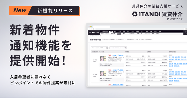 「ITANDI 賃貸仲介」、入居希望者の希望条件にマッチした新着物件の通知機能を提供開始