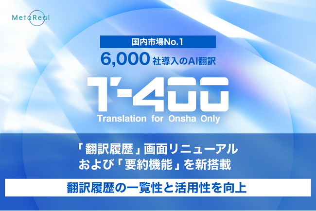 【高精度AI翻訳『T-4OO』アップデートのお知らせ】「翻訳履歴」画面リニューアルおよび「要約機能」を新搭載。翻訳履歴の視認性と活用性を向上