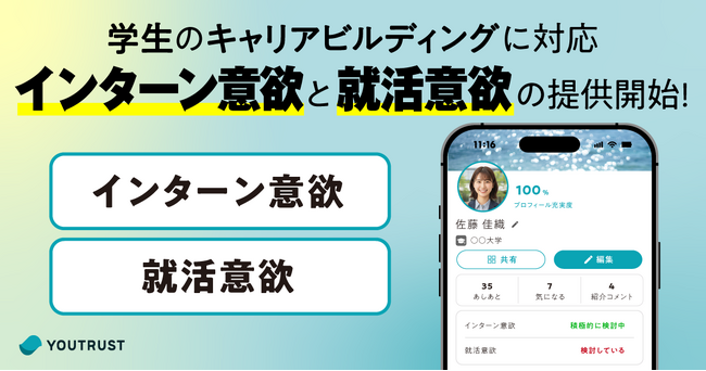 YOUTRUST、学生向けに「インターン意欲」と「就活意欲」を表示できる新機能を提供開始