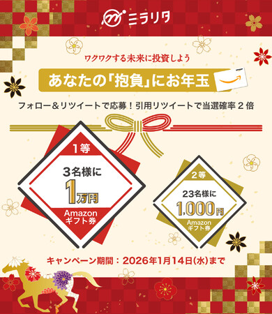 ミラリタ株式会社、公式Xフォロー&リポストでAmazonギフトカード最大10,000円分が当たる「あなたの “抱負” にお年玉」キャンペーンを開催！