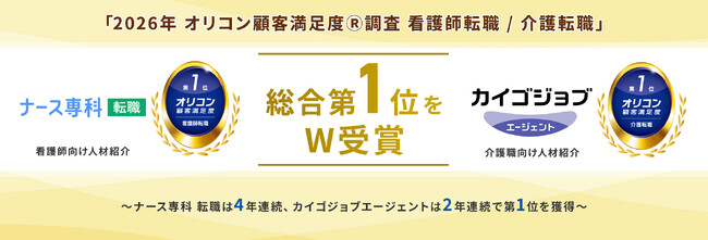 ナース専科 転職とカイゴジョブエージェント「2026年 オリコン顧客満足度(R)調査」で総合第1位をW受賞