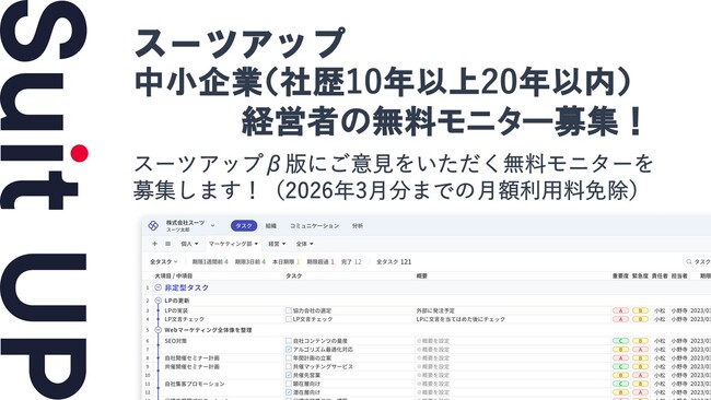 AIタスク管理・プロジェクト管理ツール「スーツアップ」、中小企業（社歴10年以上20年以内）経営者の無料モニター募集