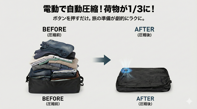 【荷造り革命】ポンプ内蔵でボタンを押すだけ！世界で話題の変形スーツケース「VELO」から、自動で真空になる「電動圧縮バッグ」が登場。CAMPFIREにて先行販売開始！