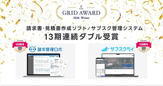 請求管理ロボ、サブスクペイが「ITreview Grid Award 2026 Winter」の最高位、『Leader』を13期連続ダブル受賞