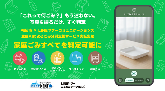 「これって何ごみ？」にもう迷わない。すべての家庭ごみが対象。「LINE」を使って写真を撮るだけ、AIがすぐ判定。