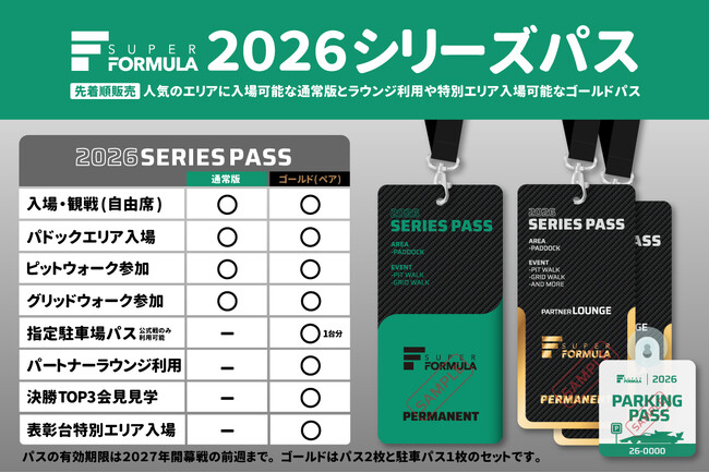SUPER FORMULA「2026シリーズパス」発売のお知らせ ペア10組限定のプレミアムなゴールドパスも発売 【1/29(木) 19:00から先着順にてSF公式オンラインショップで発売】