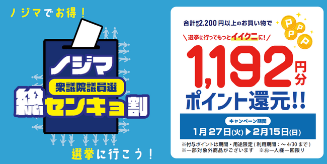 投票済証明書のご提示で1,192円分還元！過去最大級の『ノジマ 総センキョ割』を実施