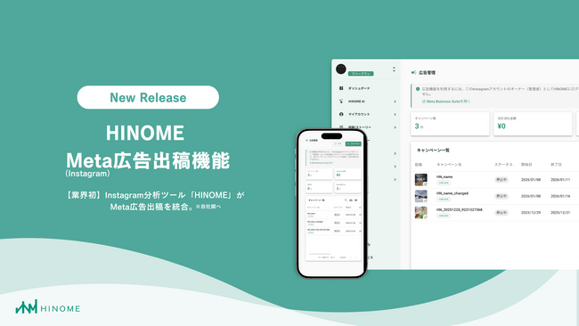 【業界初】Instagram分析ツール「HINOME」、Meta広告出稿機能（β版）を2026年2月より提供開始。オーガニック投稿の分析から広告配信までをワンストップで実現。※自社調べ