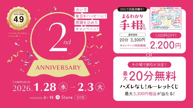 「こんなことまでわかるの？」と話題の「まるわかり手相」が特別価格！ハズレなしのルーレットくじも！ザッパラスグループが手掛ける占いの店『cocoloni占い館』立川店が2周年キャンペーンを開催！