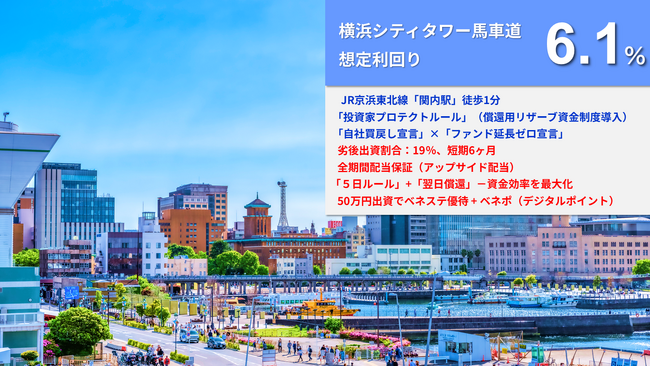新ファンド公開！『らくたま36号（横浜シティタワー馬車道）』2月3日12時より募集開始！「全期間配当保証」「翌日償還」「優先劣後システム」を採用。資金効率最大化と投資安定性の向上を目指します