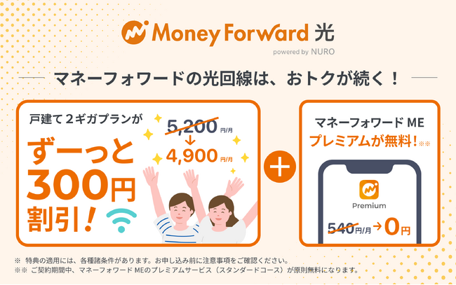 『マネーフォワード 光』、「マネーフォワード光 powered by NURO」戸建て2ギガプランの月額基本料金が永年300円割引となる新特典を追加
