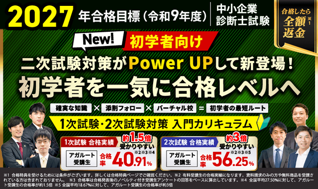 【2027年合格目標】中小企業診断士試験 1次試験・2次試験対策入門カリキュラム・中上級カリキュラムリリース！