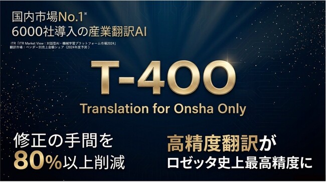 【高精度産業翻訳AI「T-4OO」大型アップデートのお知らせ】修正の手間を8割削減～最新生成AIと独自の産業翻訳技術との融合でロゼッタ史上最高精度に～