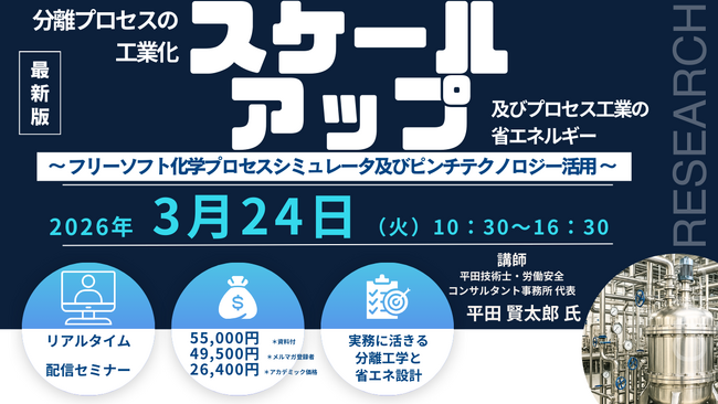 【ライブ配信/ZOOM】「分離プロセスの工業化スケールアップ及びプロセス工業の省エネルギー」セミナー開催！3月24日（火）主催：(株)シーエムシー・リサーチ
