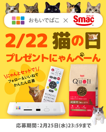 【2/22猫の日プレゼントにゃんぺーん】写真と動画を保存できる「おもいでばこ」と厳選素材のキャットフード「Quoli」がセットで当たる