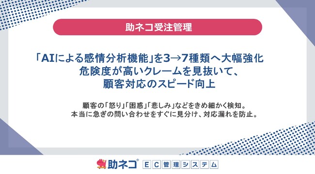 助ネコ(R)受注管理、「AIによる感情分析機能」を3→7種類へ大幅強化危険度が高いクレームを見抜いて、顧客対応のスピード向上