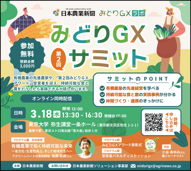 持続可能な食と農の実践者が集結！ 「第２回みどりＧＸサミット」を東京大学で開催　日本農業新聞・みどりＧＸラボ
