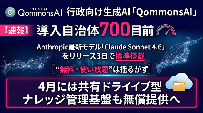 【速報】導入自治体700目前の生成AI「QommonsAI」、Anthropic最新モデル「Claude Sonnet 4.6」を無料・使い放題で標準搭載ー共有ドライブ型ナレッジ管理基盤も無償提供へ