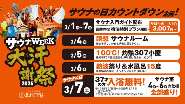 3月7日はサウナの日！四国のサウナ「しまなみ温泉 喜助の湯」で『大汗謝祭2026』開催。37歳は入浴無料！2月の大型リニューアルで“究極のととのい”がさらに進化