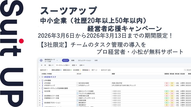 AIタスク管理・プロジェクト管理ツール「スーツアップ」、中小企業（社歴20年以上50年以内）経営者応援キャンペーン