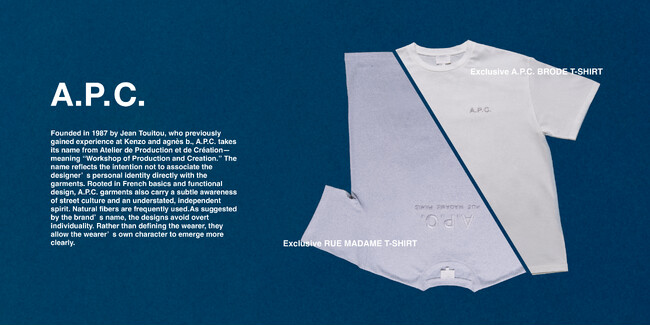 A.P.C.に別注したTシャツがFREAK'S STOREに登場。シンプルで洗練されたロゴがデザインされたTシャツ2型を展開します。