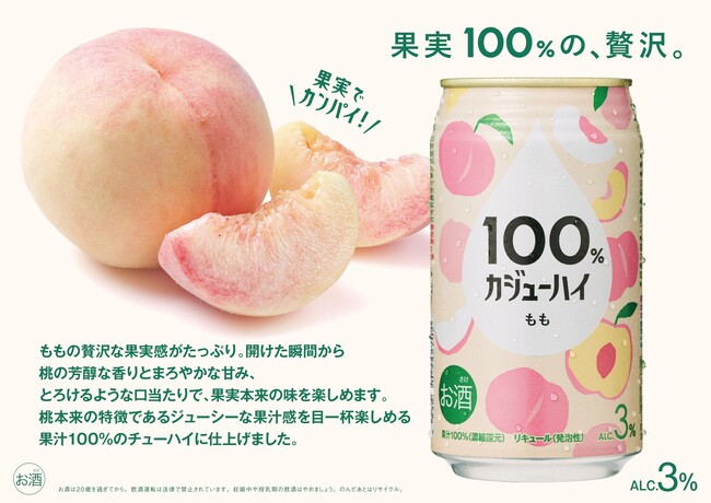 新商品『果実100%の、贅沢。』100% カジューハイ<もも>フレーバーが4月7日から新登場!