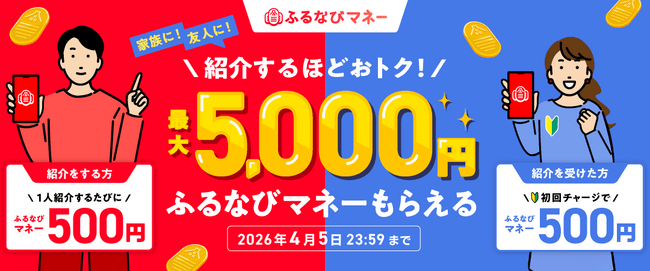 『紹介するたび500円分！最大5,000円分のふるなびマネーがもらえる！ふるなびマネー紹介キャンペーン』を開始