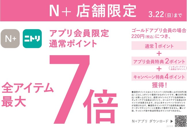 【ニトリのアパレルブランドＮ+】アプリ会員限定！通常ポイントが最大7倍になるキャンペーンを全国30店舗で開催します。