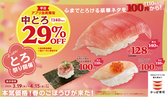 みなみ鮪の『プレミアムねぎとろ包み』や『とろサーモン いくらのせ』の豪華ネタが1貫１１０円～！人気の『中とろ』も1４０円、さらにアプリ会員なら、平日限定で、なんと２９％ＯＦＦでご提供！