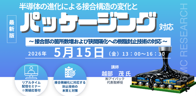 【ライブ配信/ZOOM】「半導体の進化による接合構造の変化とパッケージング対応～ 接合部の箇所数増および狭間隔化への樹脂封止技術の対応 ～」セミナー！5月15日（金）主催：(株)シーエムシー・リサーチ