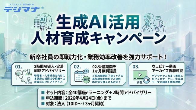 新東通信、オンライン学習プラットフォーム「デジマナ」で『生成AI活用人材育成キャンペーン』を開始　～新卒社員の即戦力化・業務効率改善を強力サポート～