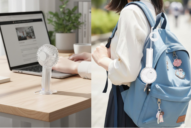 カラビナストラップがついて持ち運びがしやすい小型なのに大風量でクリアボディが涼しげな「ツインブレード クリアハンディファン+(プラス)」を発売