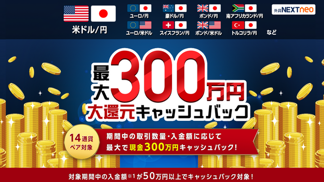 「取引数量・入金額に応じて最大300万円!大還元キャッシュバックキャンペーン」実施!