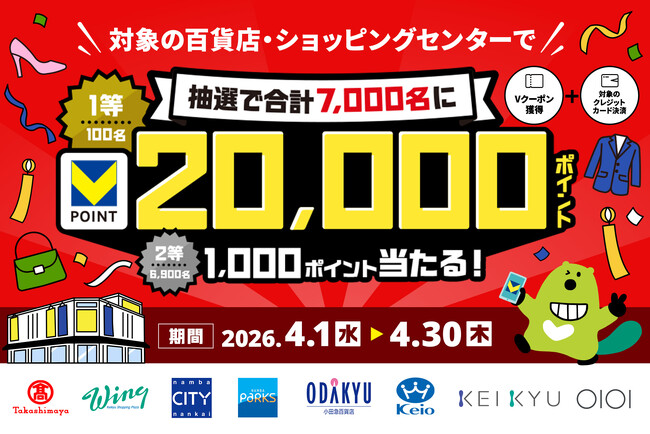 三井住友カード　百貨店やショッピングセンターを対象とした「対象の百貨店・ショッピングセンターでのVクーポンご利用で最大20,000ポイント当選のチャンス！」を実施